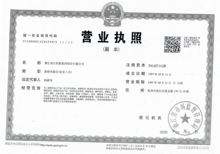 Đăng kí kinh doanh - Zhejiang Mingri Holdings Group Co., Ltd - Công Ty TNHH Mingri Holdings (Việt Nam)